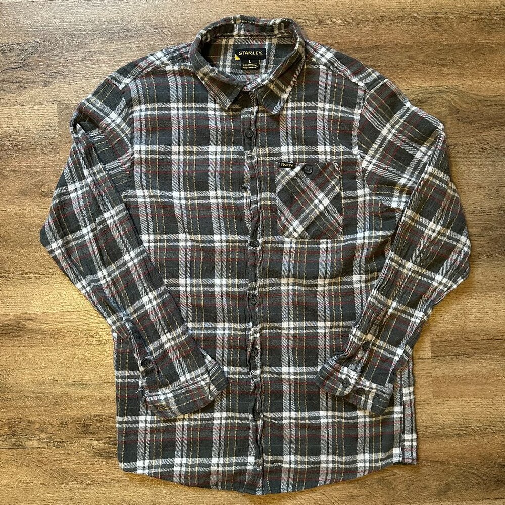 Stanley Casual Button Down Mens Large Gray Plaid Rugged Flannel Shirt